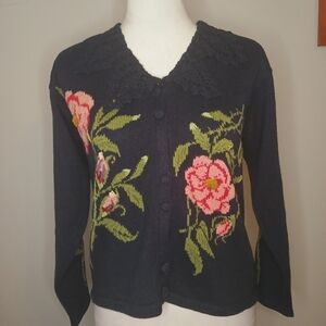 Vintage Susan Bristol New Traditions   Hand Embroidered Knit Floral Cardigan